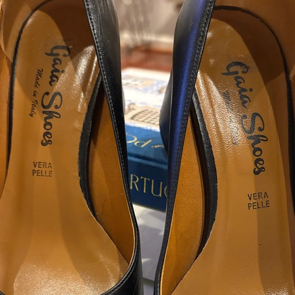 Gaia Shoes Black Leather Block Heels – Made in Italy Vera‎ Pelle “quality” Sz 38